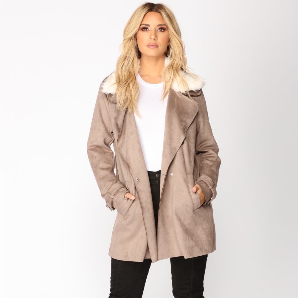 HYFVE Faux Suede Pea Coat Jacket Trench Coat Removable Faux Fur Collar Tan Small